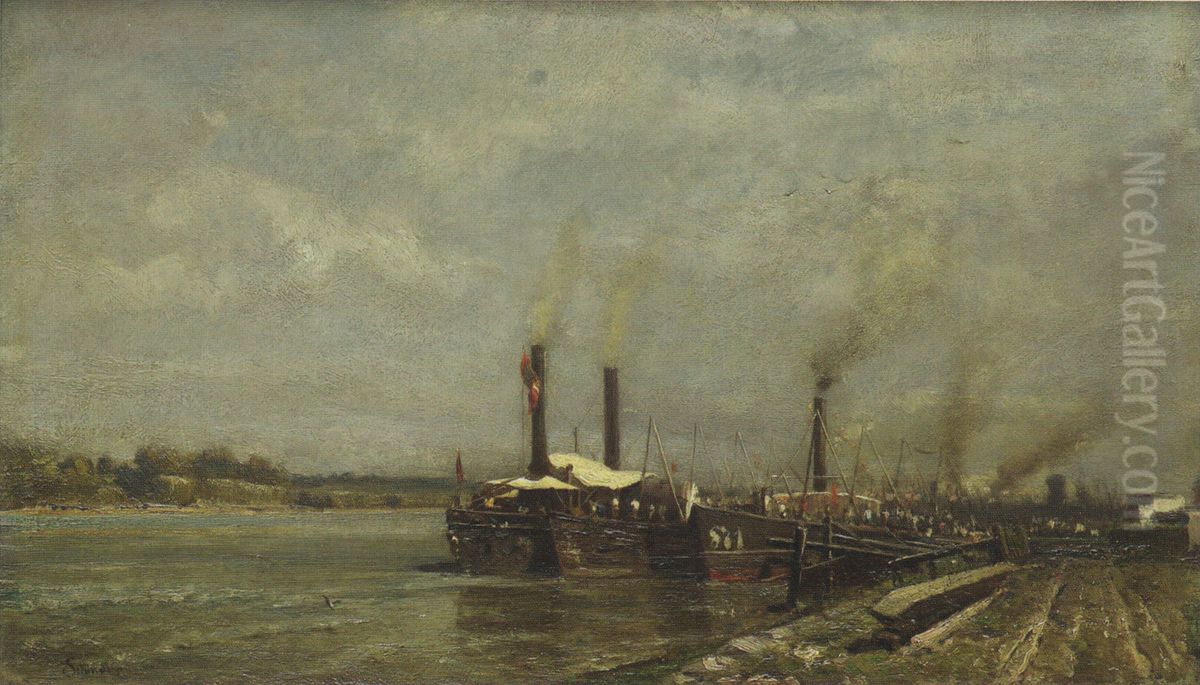 Danube steamships station Oil Painting by Emil Jakob Schindler