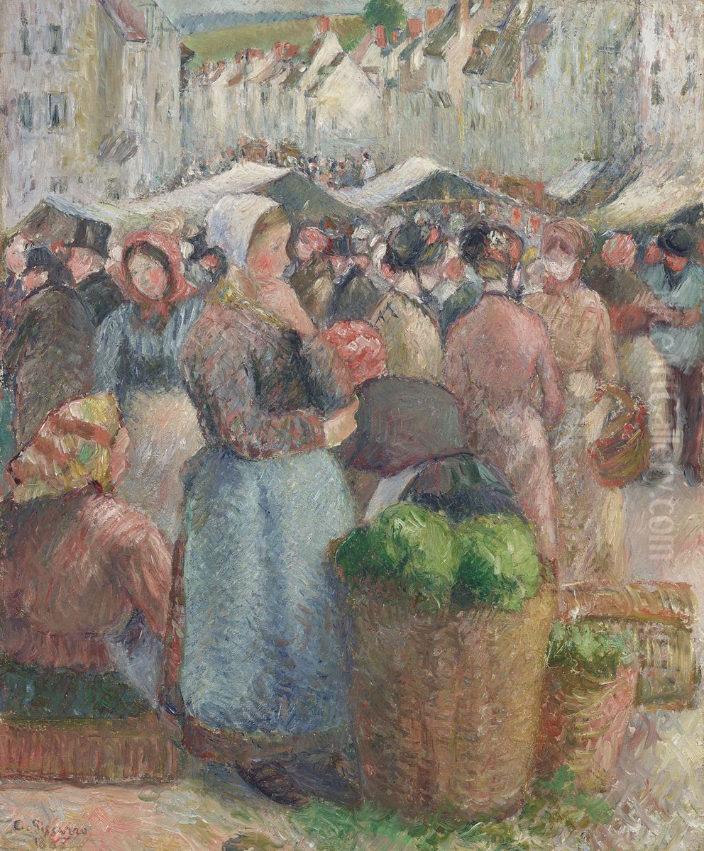 Le Marche de Gisors, Grande-Rue Oil Painting by Camille Pissarro
