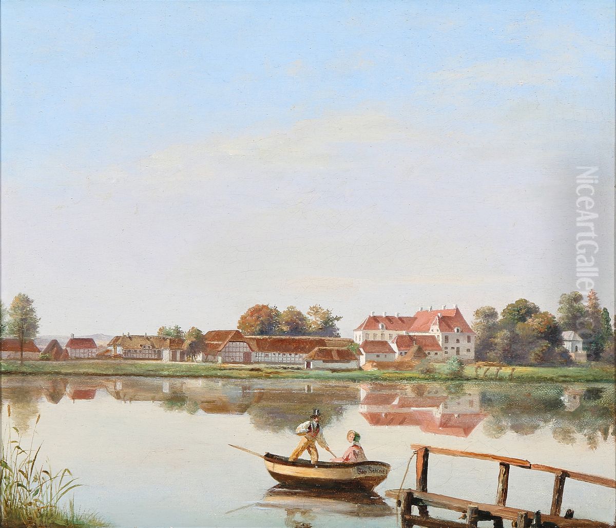 Sobysogaard seen from Norre Soby Church, Funen. Oil Painting by Sophus Schack