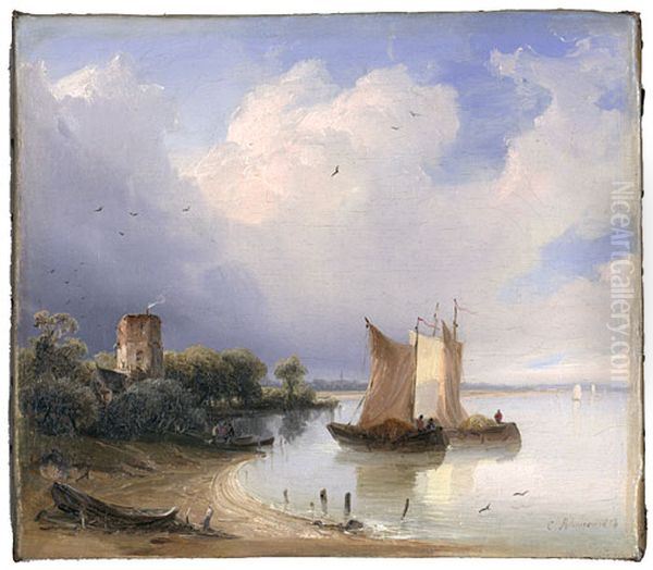 River landscape with two sailboats and a round tower on this shore Oil Painting by Caspar Scheuren