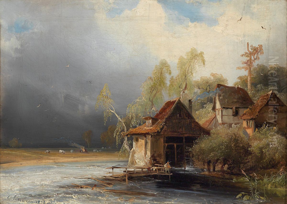 Mill on the River Oil Painting by Caspar Scheuren