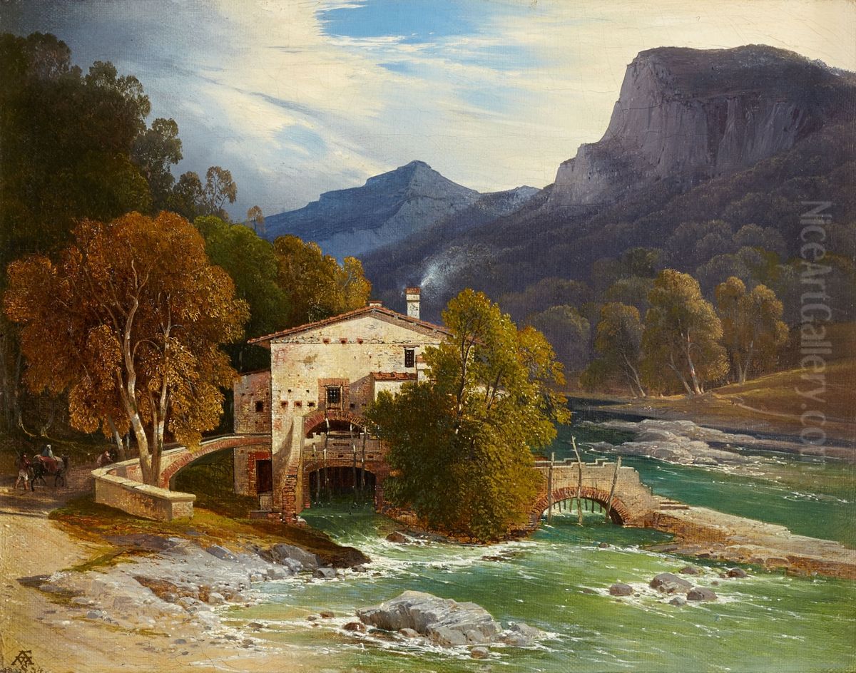 A Southern Valley with a Water Mill Oil Painting by Wilhelm Schirmer