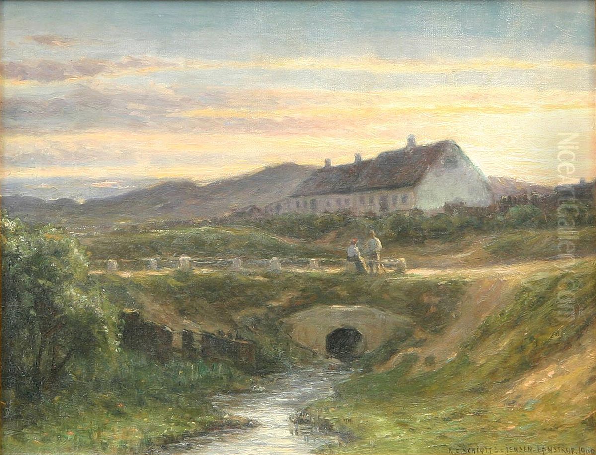 Evening with a couple on a bridge at Lonstrup. Oil Painting by Niels Frederik Schiottz-Jensen