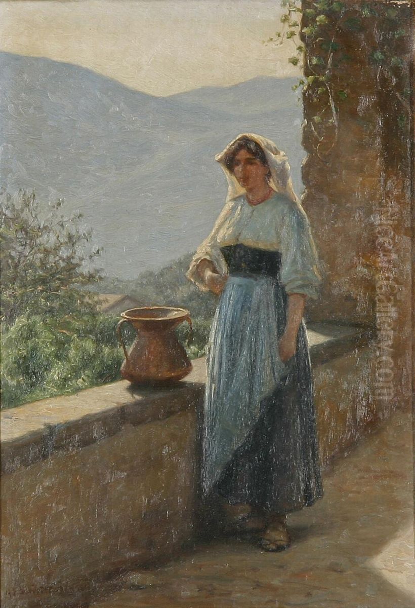 A young Italian woman with a jug. Oil Painting by Niels Frederik Schiottz-Jensen