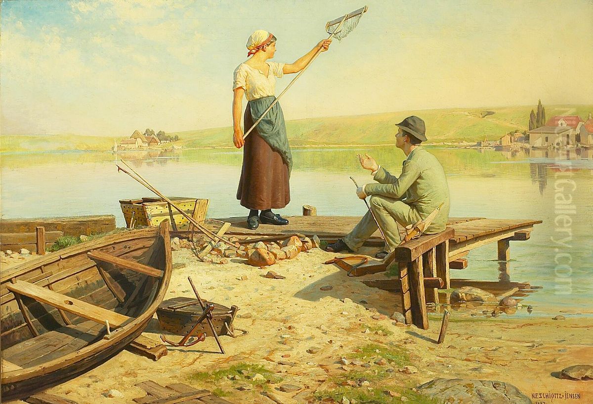 At the ferry point. Oil Painting by Niels Frederik Schiottz-Jensen