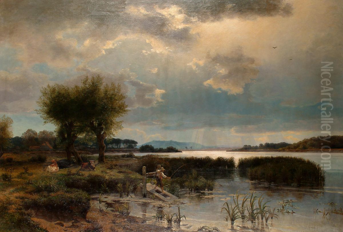 An extensive view of a lake with a boy fishing in the foreground Oil Painting by Max Schmidt