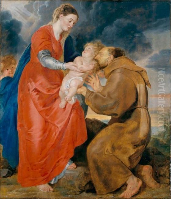 Saint Francis receiving the infant Christ Oil Painting by (studio of) Rubens, Peter Paul