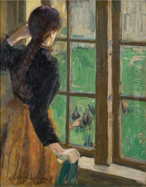 Helene som star i vinduet mens honone tripper ute pa tunet Oil Painting by Kalle Lochen