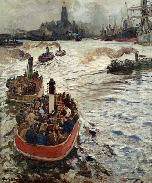 Auf dem Weg zur Arbeit im Hamburger Hafen Oil Painting by Friedrich Kallmorgen