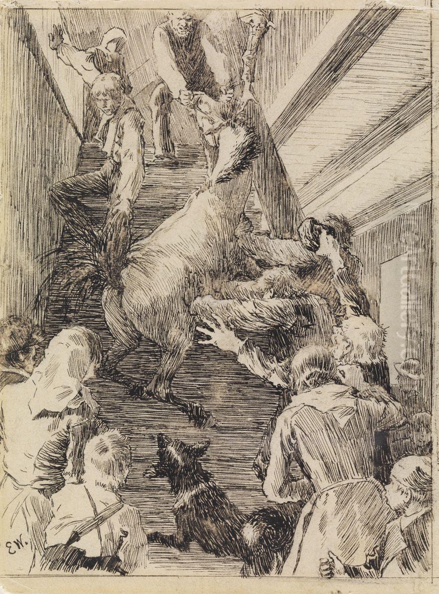 Some hauled on the Front Half, and some shoved on the Back, and at last they got the Mare up the Stairs and into the Chamber Oil Painting by Erik Werenskiold