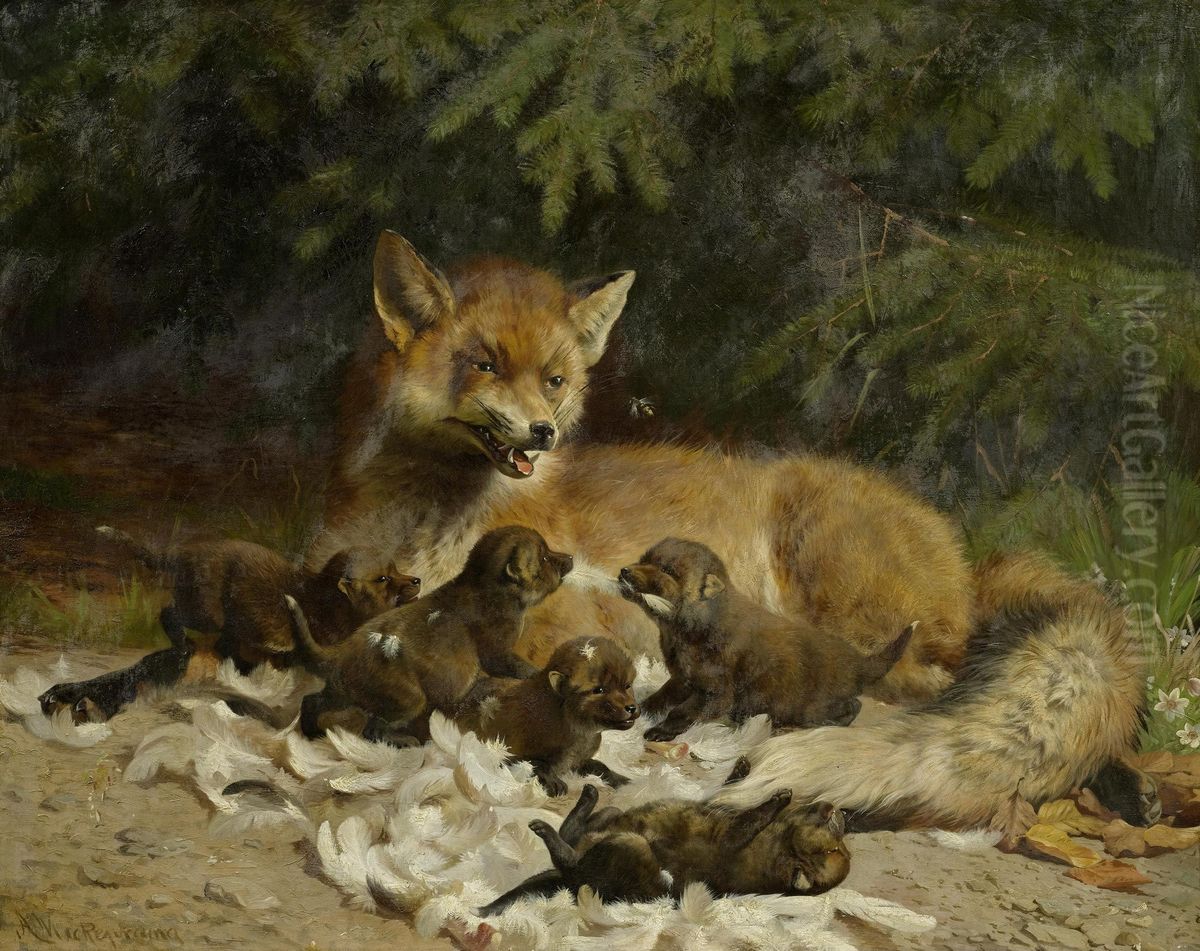 Vixen with puppy at the edge of the forest Oil Painting by Adolf Mackeprang