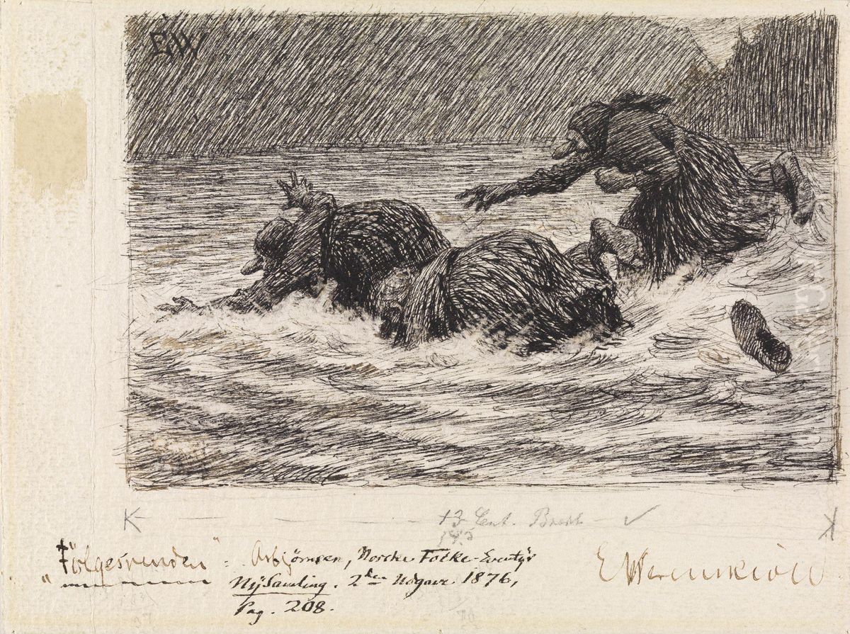 When no more than the Last Thread was left, the Troll-hags came rushing up and made a Grab at the End Oil Painting by Erik Werenskiold