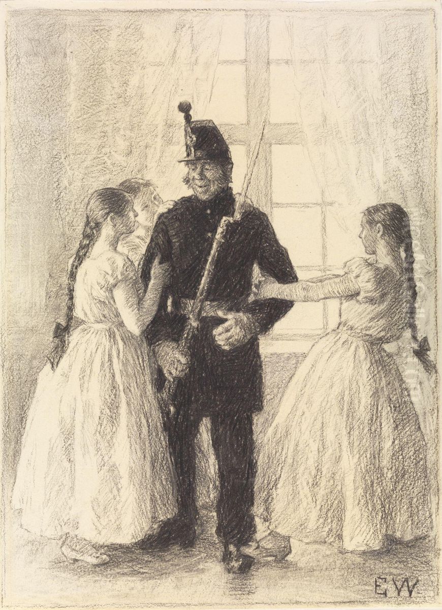 So they begged and pestered the guard Oil Painting by Erik Werenskiold