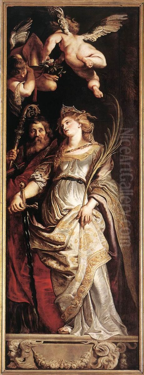 Raising of the Cross: Sts Eligius and Catherine Oil Painting by (studio of) Rubens, Peter Paul