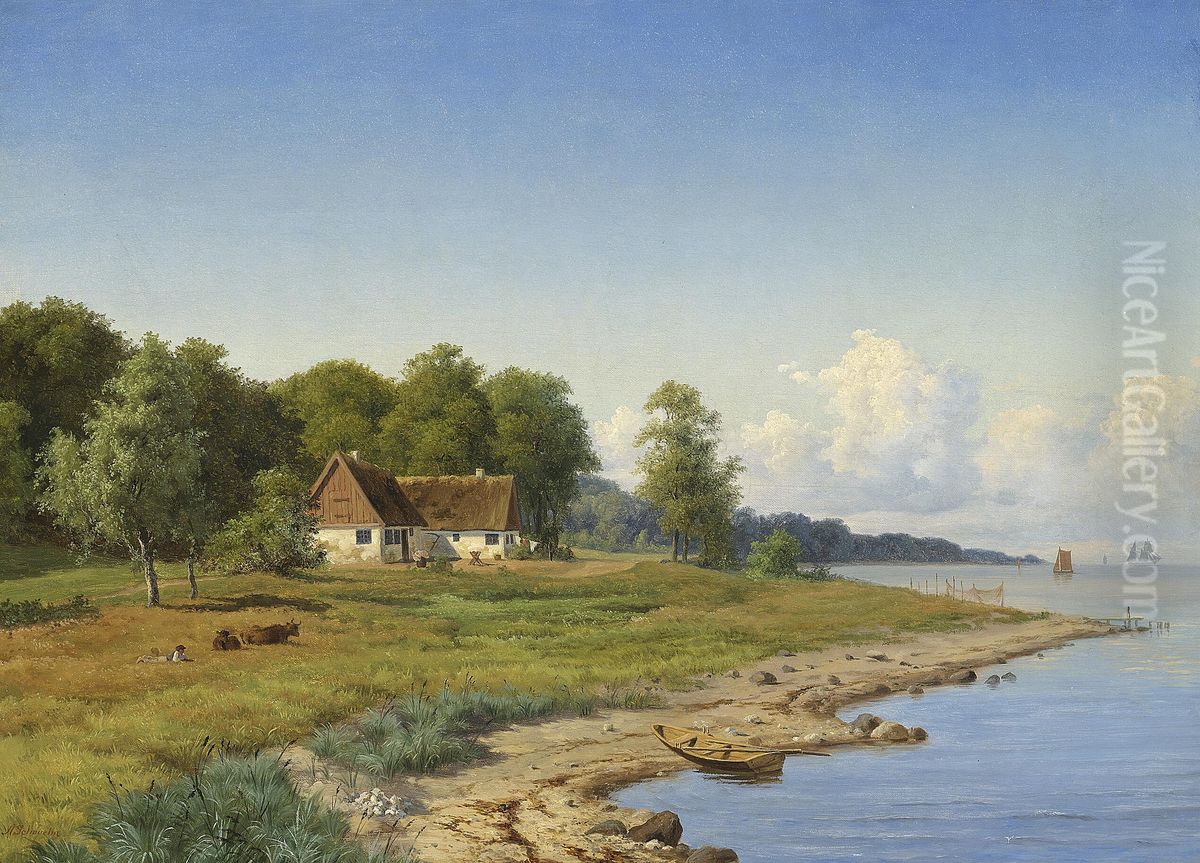 A coastal view from North Zealand with a thatched farmhouse. Oil Painting by Axel Schovelin