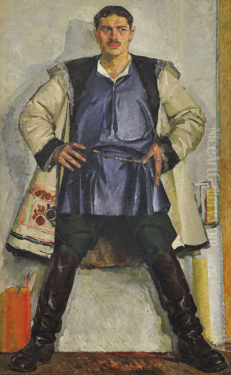 Self-portrait in a white coat Oil Painting by Fedir Krychevsky
