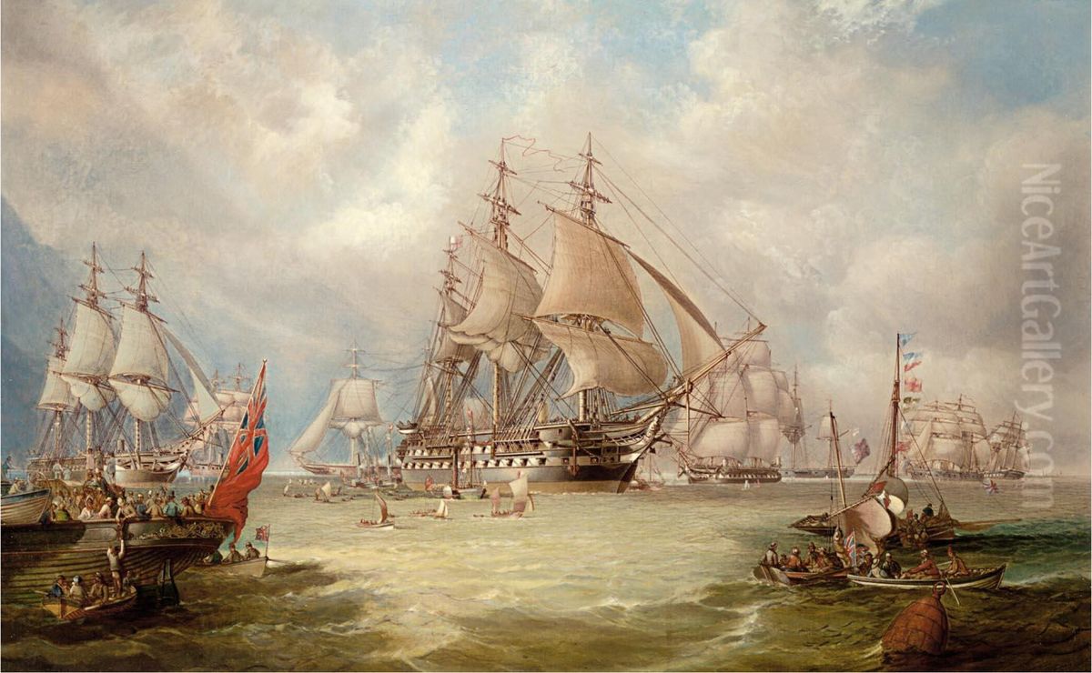 H.M.S. Edgar with the Channel Squadron, the Liverpool, the Warrior, and the Black Prince nearby Oil Painting by unknown