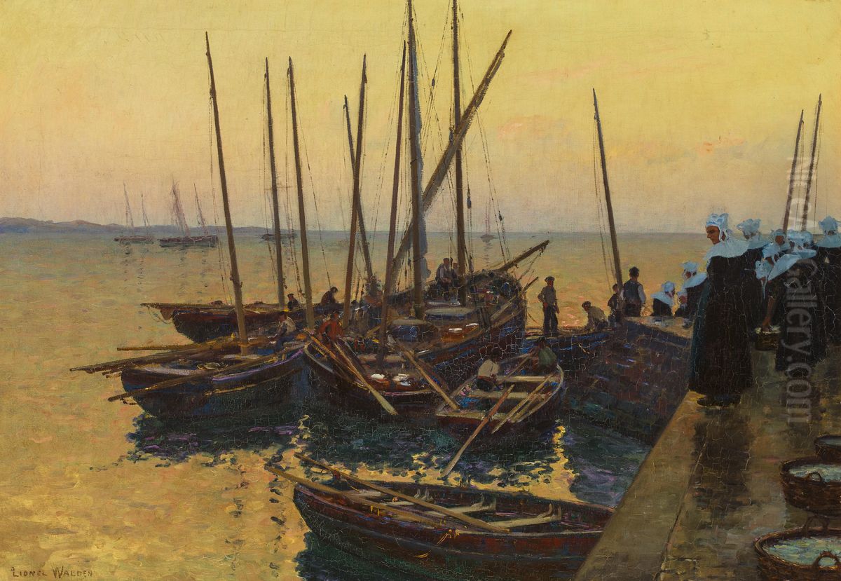 Fishing Boats along the Pier Oil Painting by Lionel Walden