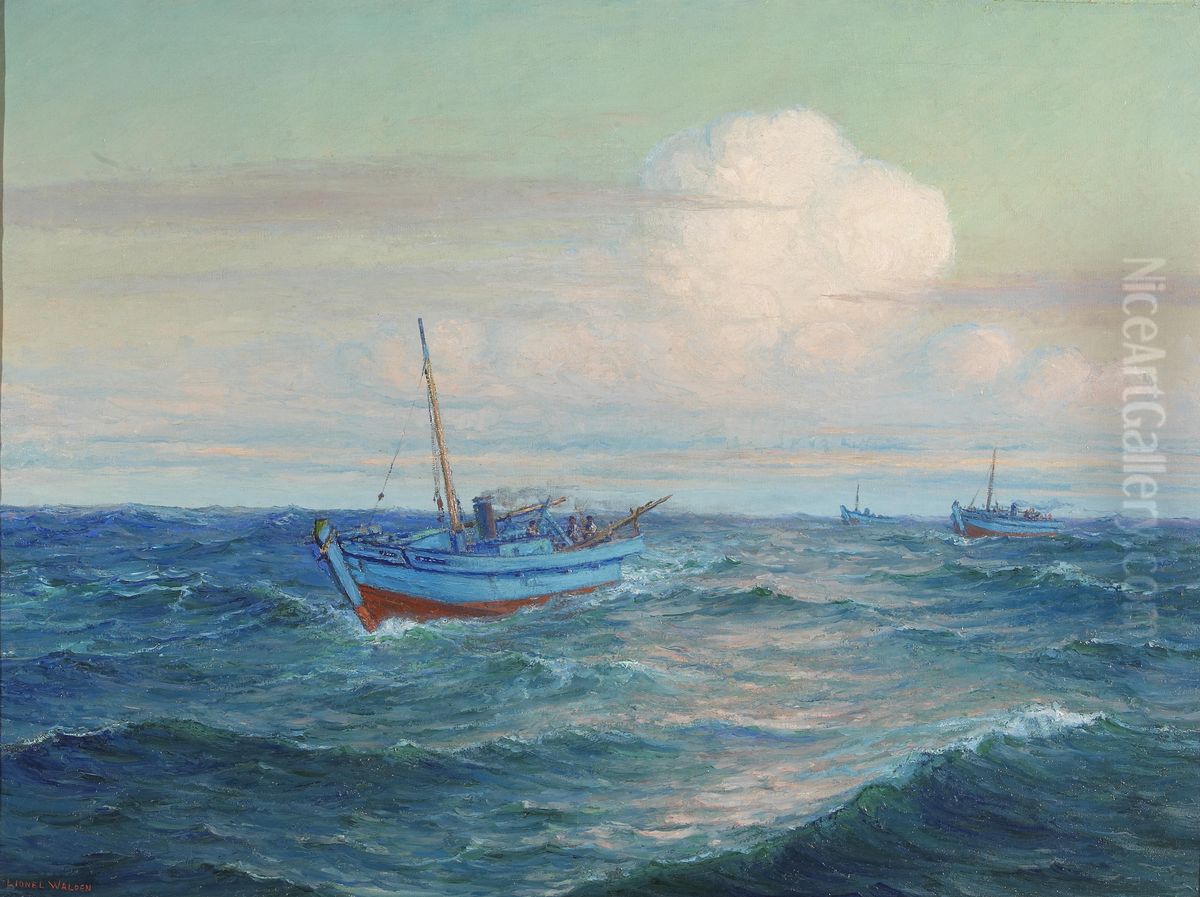 Fishing Boats in Open Water Oil Painting by Lionel Walden