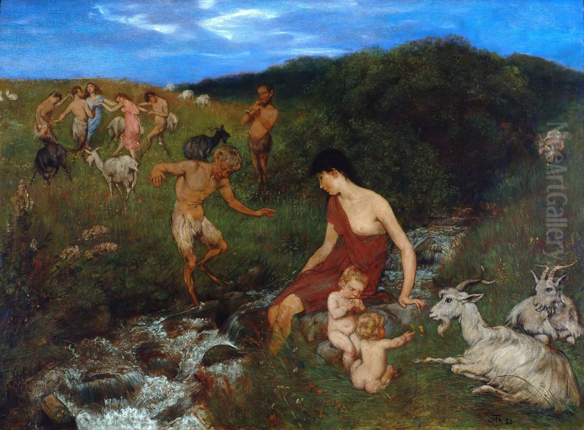 Dammerungszauber (Nymphen und Faune / Nymphen und Faune am Wiesenbach) Oil Painting by Hans Thoma
