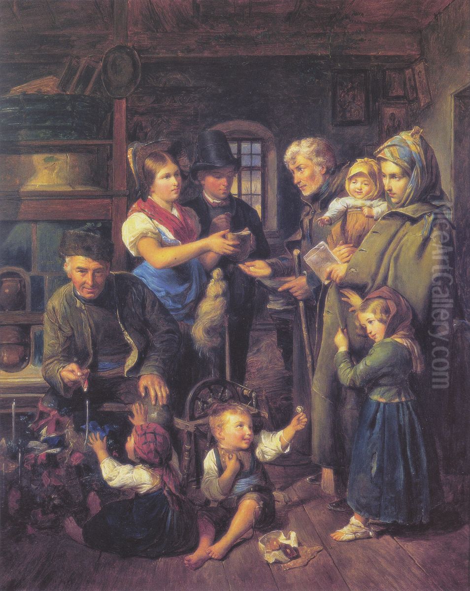 A traveling family of beggars is rewarded by poor peasants on Christmas Eve Oil Painting by Ferdinand Georg Waldmuller