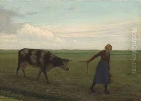 In een weids landschap leidt een boerin haar koe over het weiland. Oil Painting by Willem Pothast