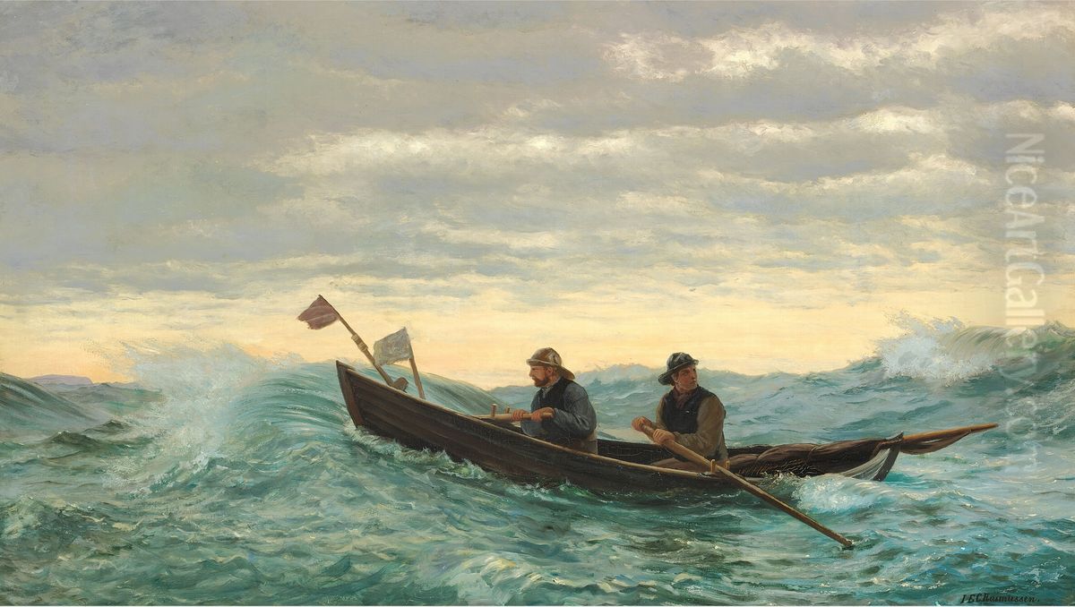 Father and son tending the nets Oil Painting by Carl Rasmussen