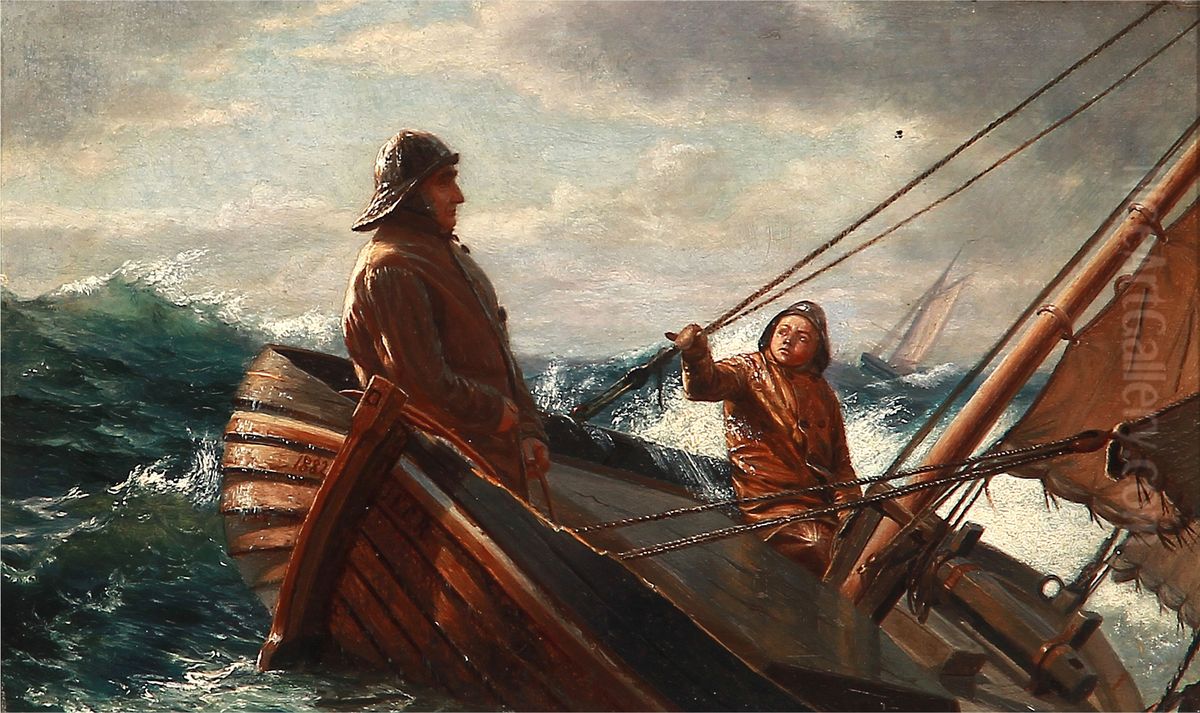 Marine med to fiskere i en bad i hoj so Oil Painting by Carl Rasmussen