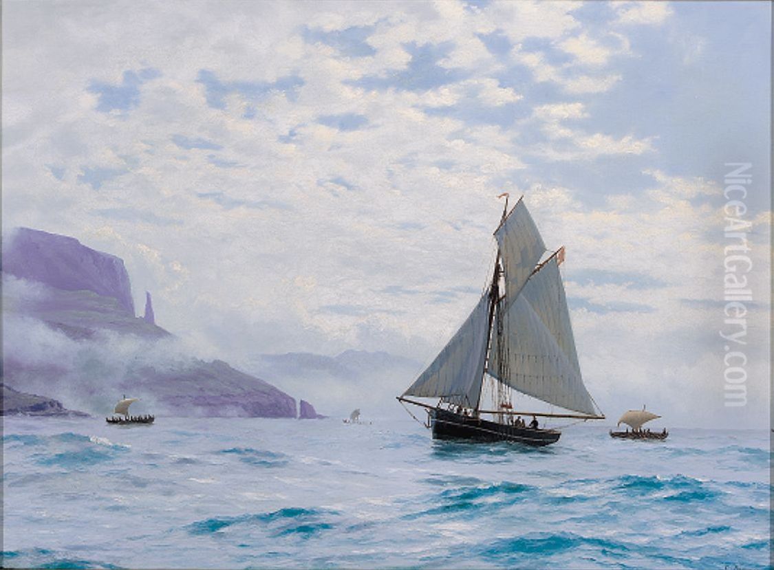 Sailing ships off the Faroe Islands. Oil Painting by Carl Rasmussen