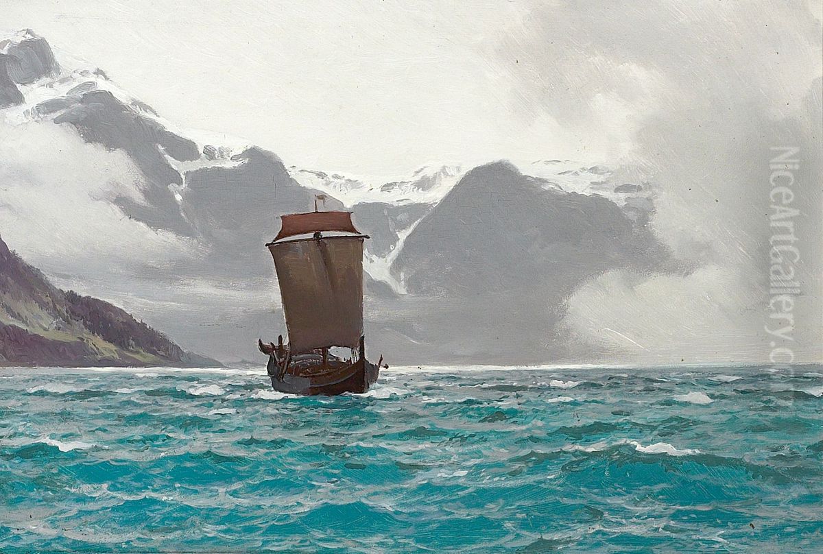 Sailing ship off a snow-covered coast. Oil Painting by Carl Rasmussen