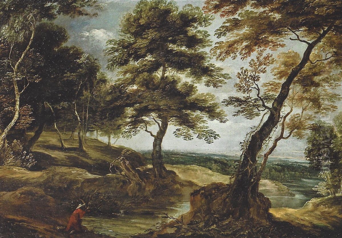 Wooded landscape with an man near a river Oil Painting by Ignatius Van Der Stock