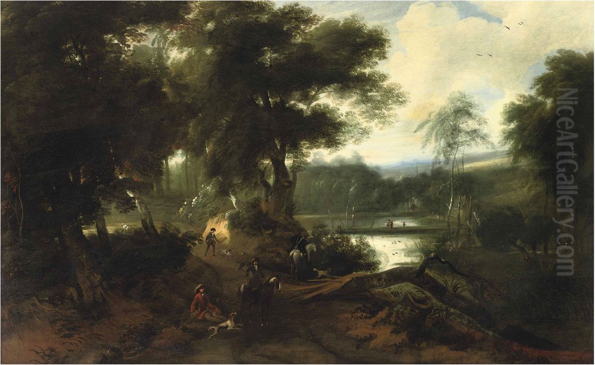 A wooded landscape with a hunting company resting near a pond Oil Painting by Ignatius Van Der Stock