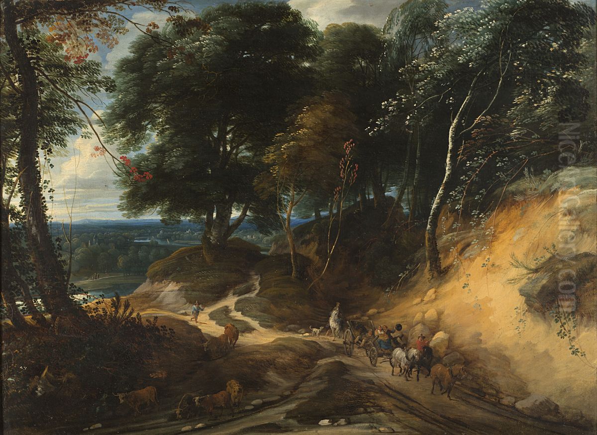 Wooded landscape with travelers Oil Painting by Ignatius Van Der Stock