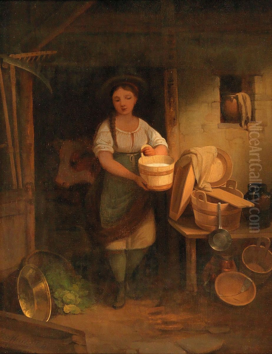 Milkmaid in the Barn Oil Painting by Ignaz Raffalt