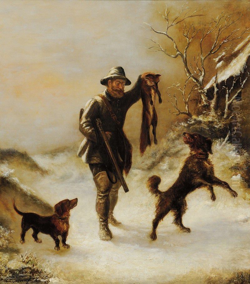 Huntsman with Fox and Hounds in Winter Oil Painting by Victor Zeppenfeld