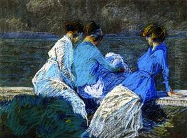 lucille-rodier-gagnon-olive-and-edna-pretty-at-sainte-p-tronille-le-d-orl-ans Oil Painting by Clarence Gagnon