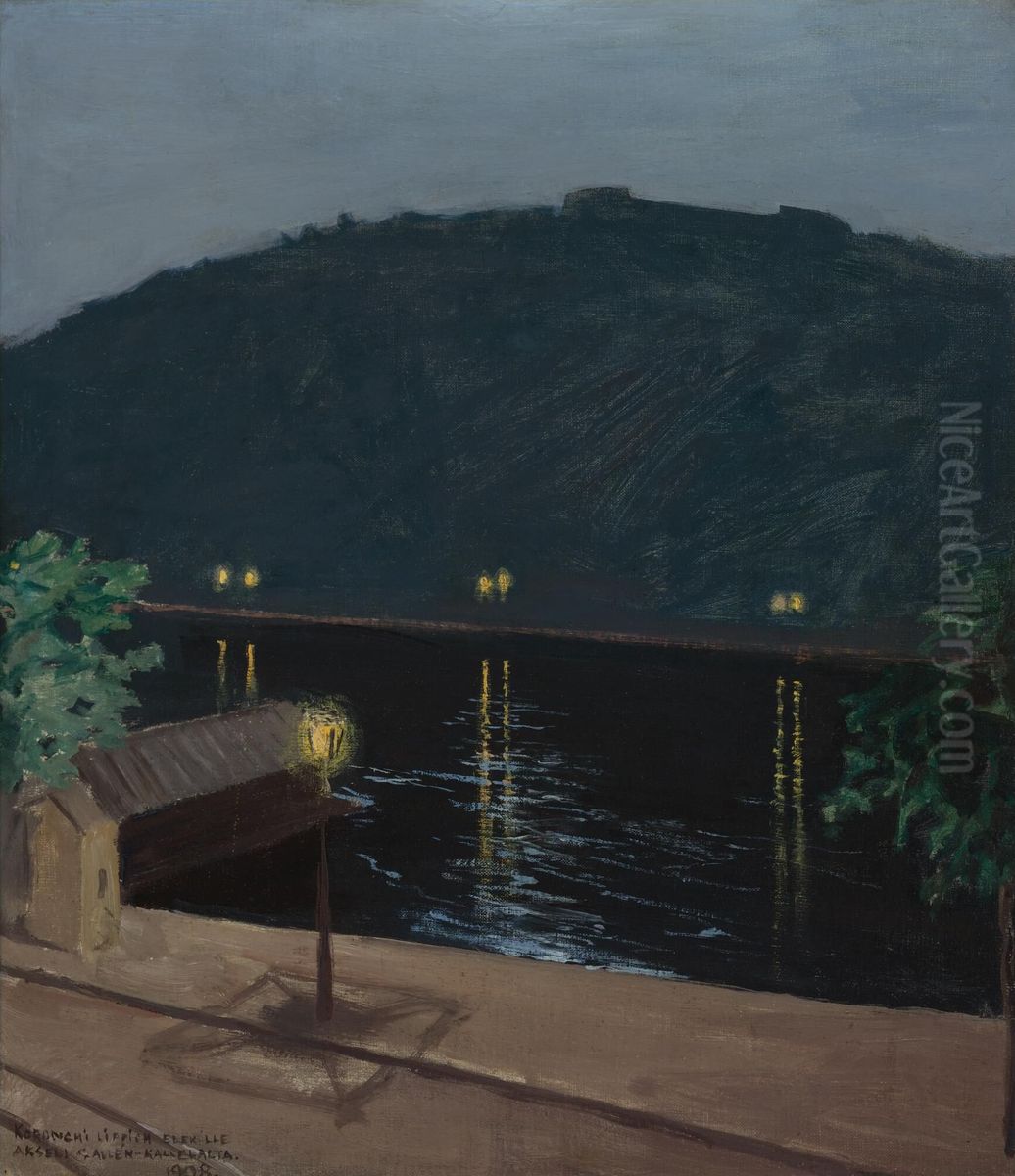 Night lights reflecting off the Danube, Budapest Oil Painting by Akseli Valdemar Gallen-Kallela