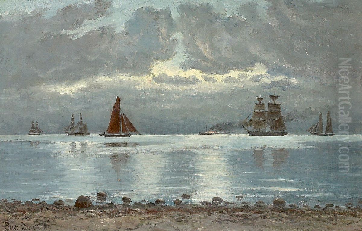 Ships in the Sound. Oil Painting by Christian Vigilius Blache