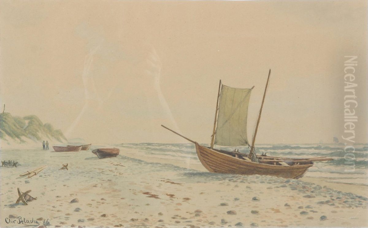 Boats on a beach. Oil Painting by Christian Vigilius Blache