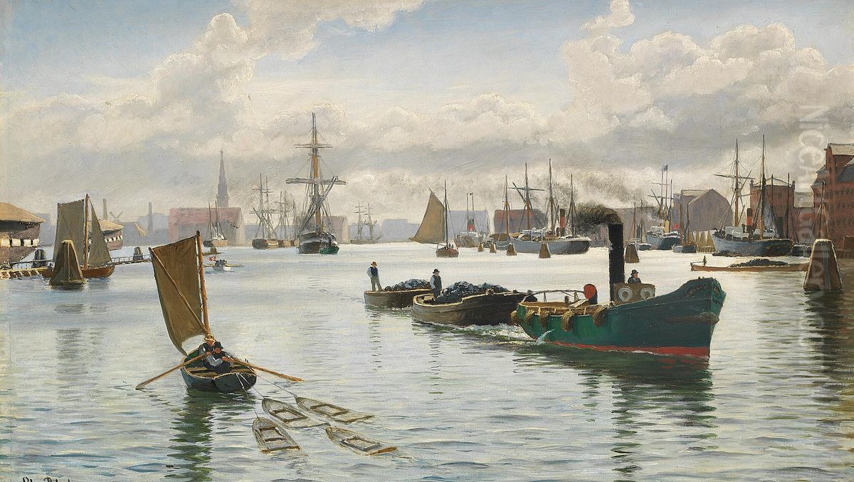 Maritime scene from the harbour of Copenhagen. Oil Painting by Christian Vigilius Blache