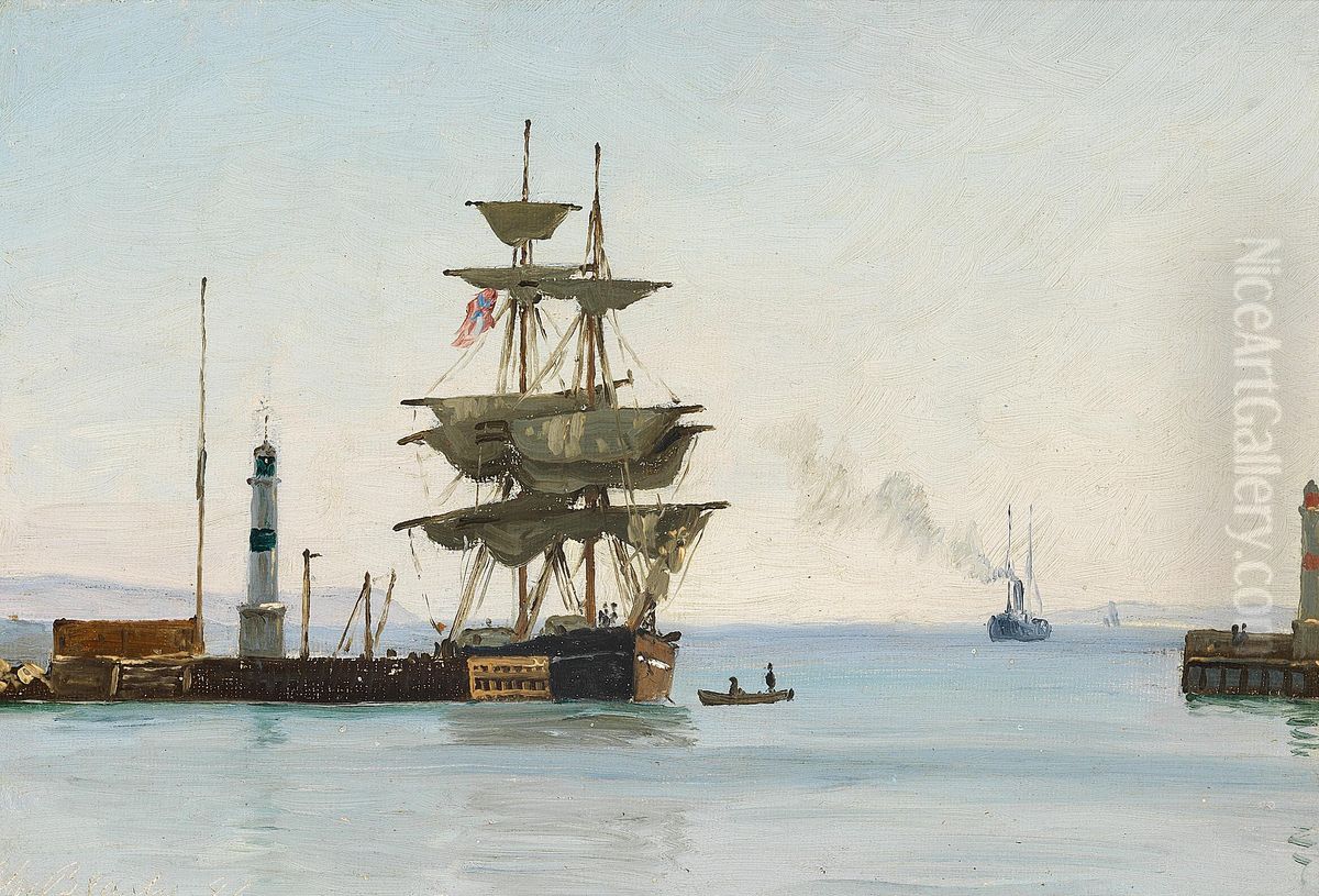 A sailing ship entering a port. Oil Painting by Christian Vigilius Blache