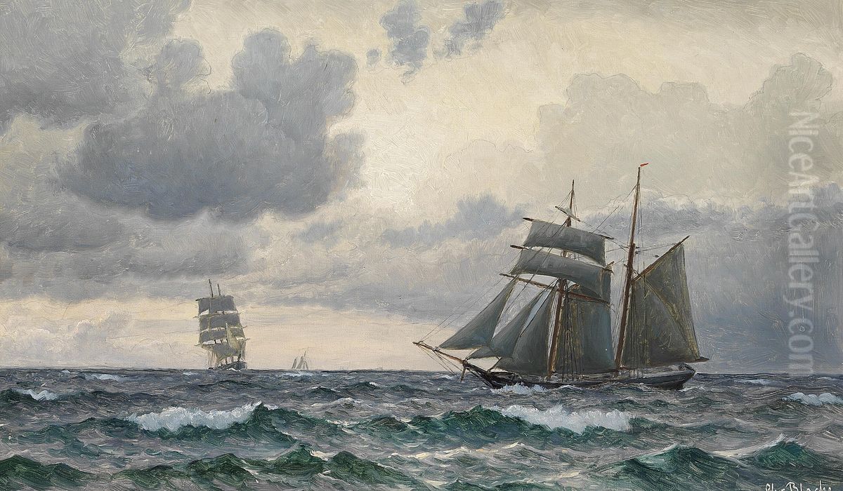 Sailing ships at sea on a cloudy day. Oil Painting by Christian Vigilius Blache