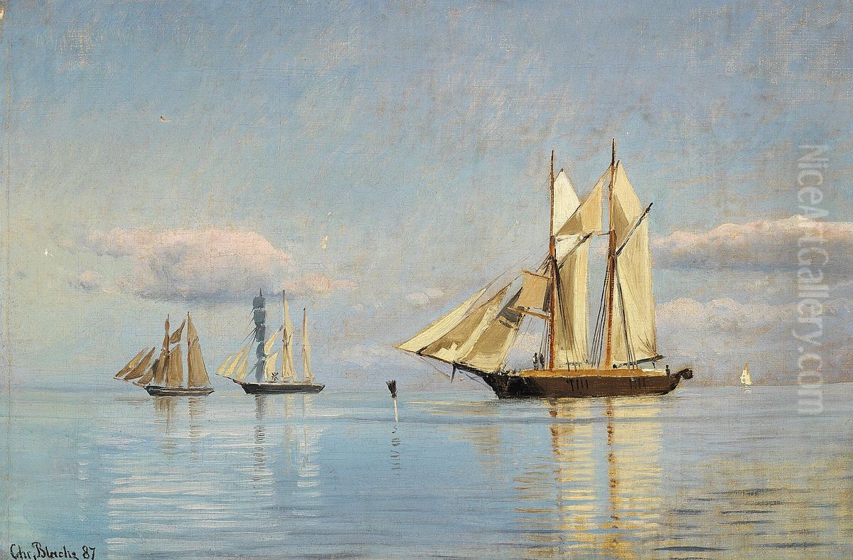 Sailing ships at sea on a calm summer day. Oil Painting by Christian Vigilius Blache