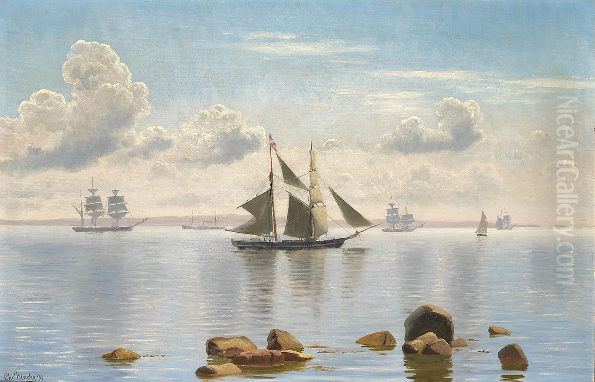 Sailing ships at sea on a calm summer day. Oil Painting by Christian Vigilius Blache