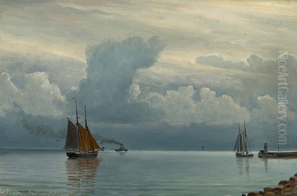 Marine painting from the Bay of Aarhus. Oil Painting by Christian Vigilius Blache