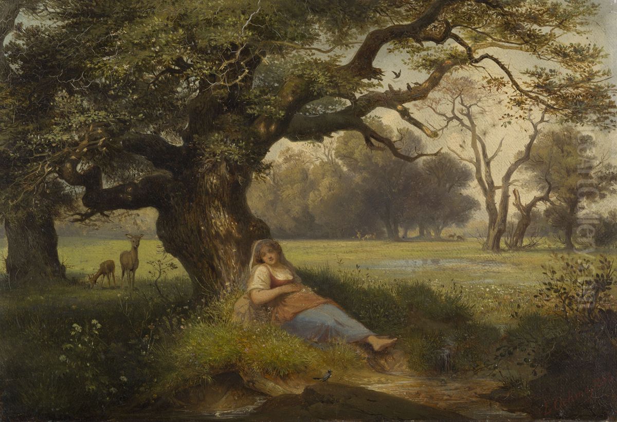 Landscape with a sleeping girl Oil Painting by Ernst Ferdinand Oehme