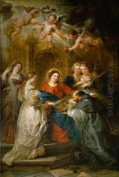 Ildefonso-Altar: Maria erscheint dem Hl. Ildefonso (Mittelteil), Erzherzog Albrecht der VII. (linker Innenflugel) bzw. Infantin Isabella Clara Eugenia (rechter Innenflugel), beide mit ihren Schutzpatronen Oil Painting by (studio of) Rubens, Peter Paul
