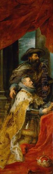 Ildefonso-Altar: Maria erscheint dem Hl. Ildefonso (Mittelteil), Erzherzog Albrecht der VII. (linker Innenflugel) bzw. Infantin Isabella Clara Eugenia (rechter Innenflugel), beide mit ihren Schutzpatronen Oil Painting by (studio of) Rubens, Peter Paul