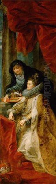 Ildefonso-Altar: Maria erscheint dem Hl. Ildefonso (Mittelteil), Erzherzog Albrecht der VII. (linker Innenflugel) bzw. Infantin Isabella Clara Eugenia (rechter Innenflugel), beide mit ihren Schutzpatronen Oil Painting by (studio of) Rubens, Peter Paul