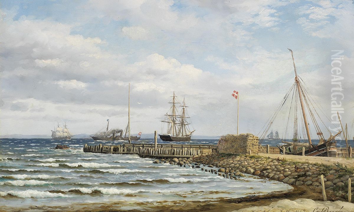 Ships off Humlebaek, a jetty in the foreground. Oil Painting by Carl Baagoe